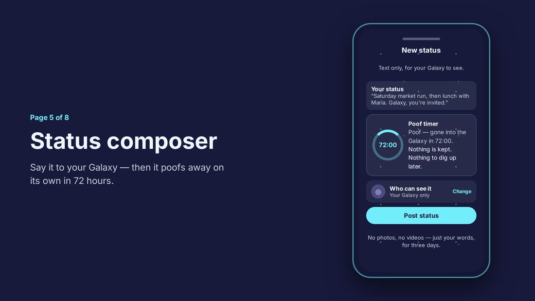 Inside the Galaxy — Status composer: a text-only status with its 72-hour poof timer ring counting down from 72:00.